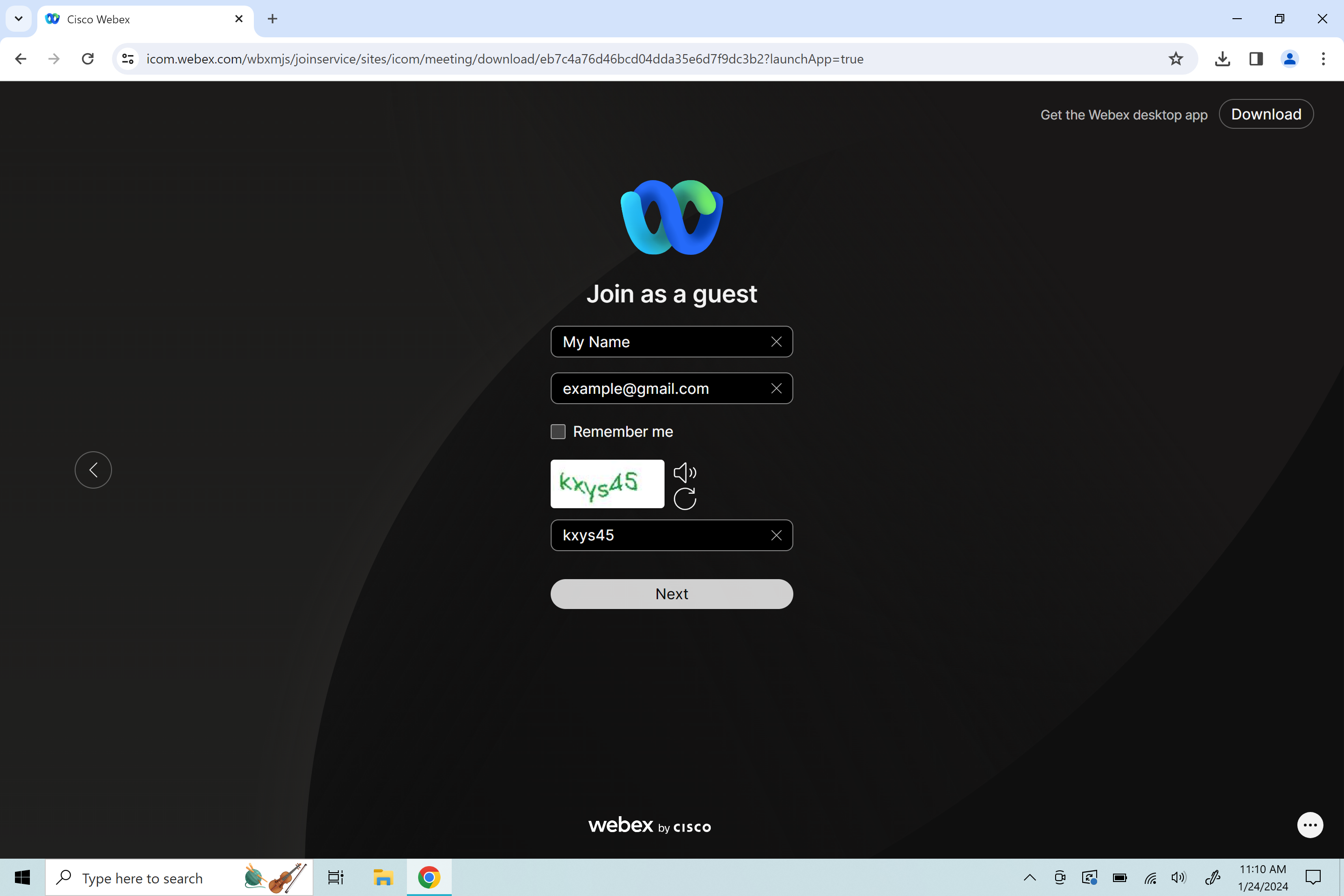 Webex Join as Guest Screen